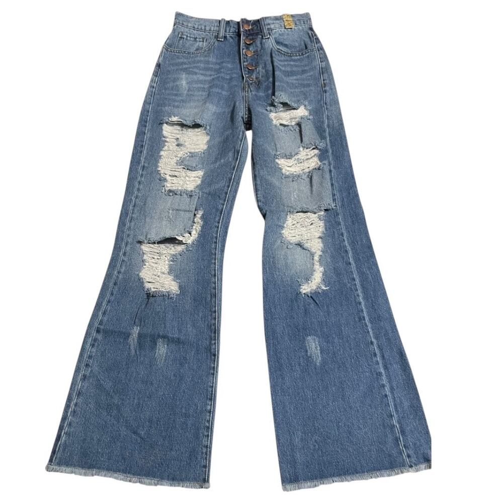 Vibrant Womens Jeans Juniors Size 5 Ripped Raw Hem Button Fly Wide Leg Denim